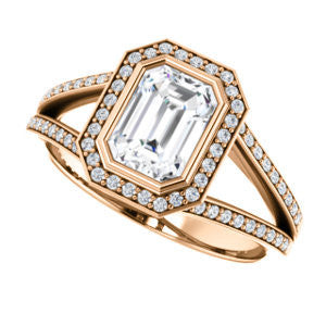 Cubic Zirconia Engagement Ring- The Josefina (Customizable Halo-Style Emerald Cut with Wide Split-Band Pavé)