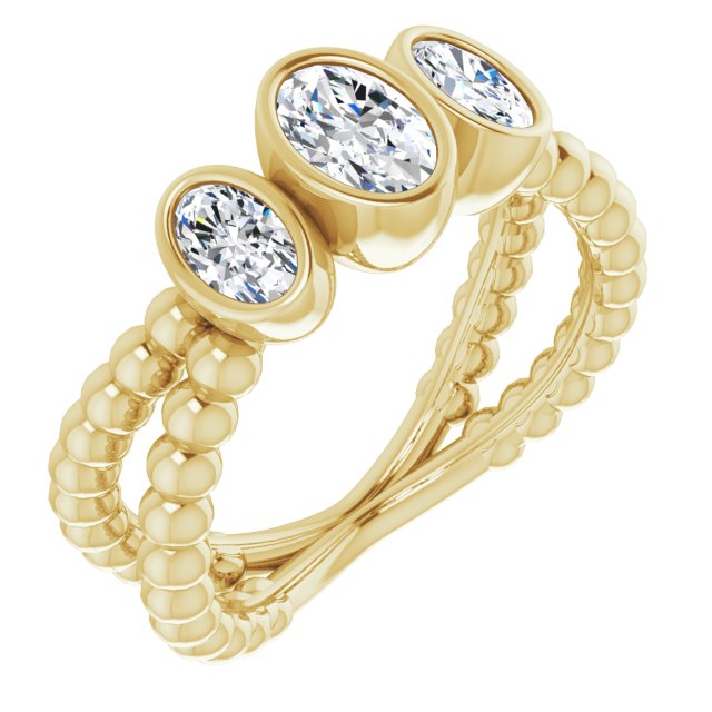 10K Yellow Gold Customizable 3-stone Oval Cut Design with 2 Oval Cut Side Stones and Wide, Bubble-Bead Split-Band