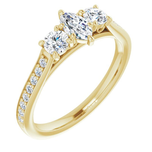 10K Yellow Gold Customizable Marquise Cut Cathedral Setting with Filigree Design and Shared Prong Band