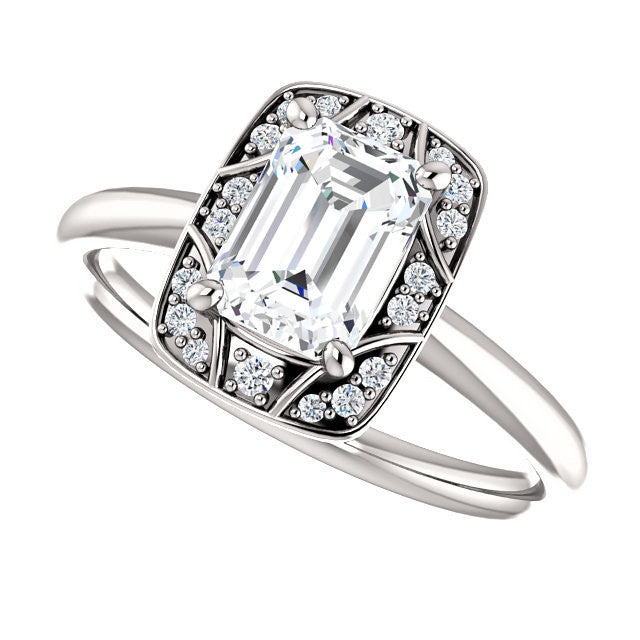 Cubic Zirconia Engagement Ring- The Rachal (Customizable Segmented Cluster-Halo Enhanced Emerald Cut Design with Thin Band)