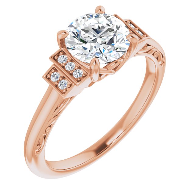 10K Rose Gold Customizable Engraved Design with Round Cut Center and Perpendicular Band Accents