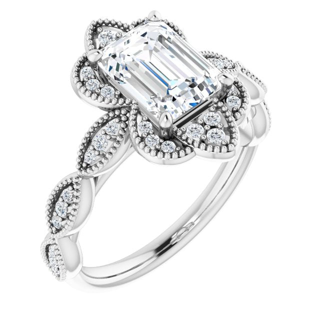 Cubic Zirconia Engagement Ring- The Huá (Customizable Cathedral-style Radiant Cut Design with Floral Segmented Halo & Milgrain+Accents Band)