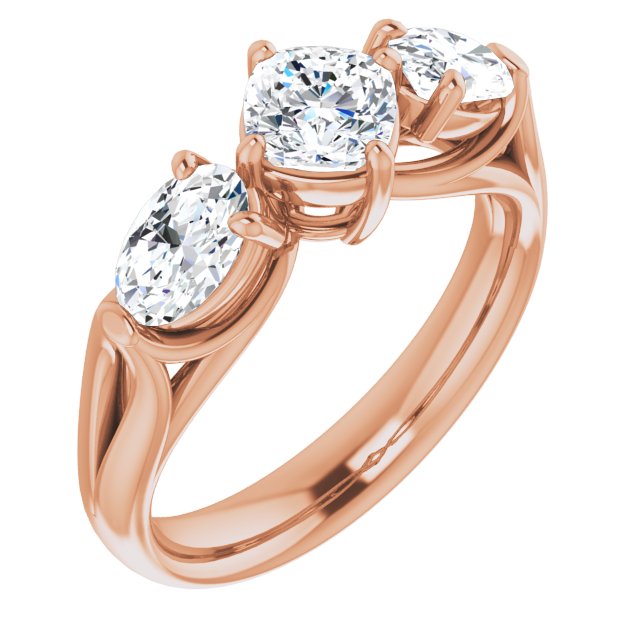 10K Rose Gold Customizable Cathedral-set 3-stone Cushion Cut Style with Dual Oval Cut Accents & Wide Split Band