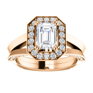 Cubic Zirconia Engagement Ring- The Jocelyn (Customizable Halo-Enhanced Emerald Cut featuring 3-side Accented Split-Band)