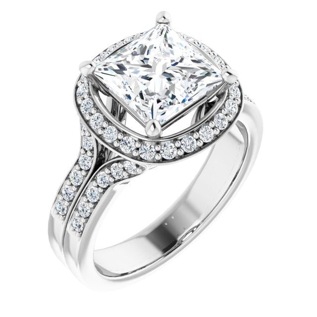 Cubic Zirconia Engagement Ring- The Ginny Lynn (Customizable Princess/Square Cut Halo Style with Accented Split-Band)