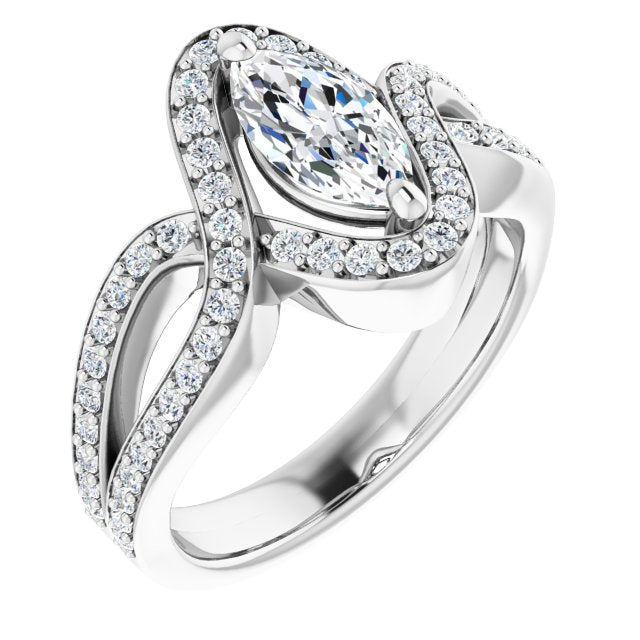 10K White Gold Customizable Marquise Cut Center with Infinity-inspired Split Shared Prong Band and Bypass Halo