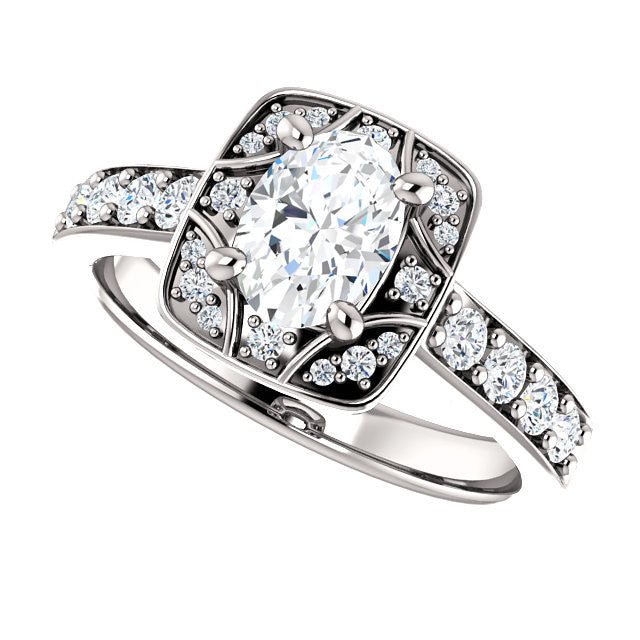Cubic Zirconia Engagement Ring- The Payton (Customizable Oval Cut with Segmented Cluster-Halo and Large-Accented Band)