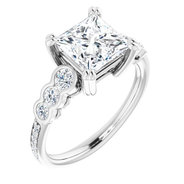10K White Gold Customizable Princess/Square Cut 7-stone Style Enhanced with Bezel Accents and Shared Prong Band
