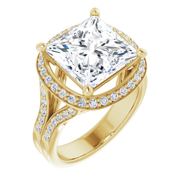 10K Yellow Gold Customizable Princess/Square Cut Halo Style with Accented Split-Band