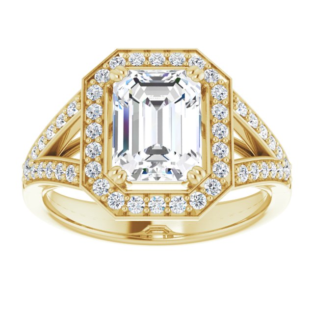 Cubic Zirconia Engagement Ring- The Aryanna (Customizable Cathedral-set Emerald Cut Style with Accented Split Band and Halo)