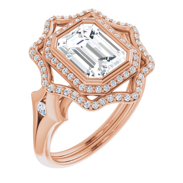 10K Rose Gold Customizable Cathedral-bezel Emerald/Radiant Cut Design with Floral Double Halo and Channel-Accented Split Band