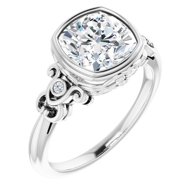 10K White Gold Customizable 5-stone Design with Cushion Cut Center and Quad Round-Bezel Accents