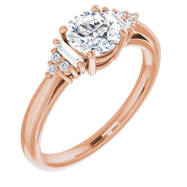 10K Rose Gold Customizable 9-stone Design with Round Cut Center, Side Baguettes and Tri-Cluster Round Accents