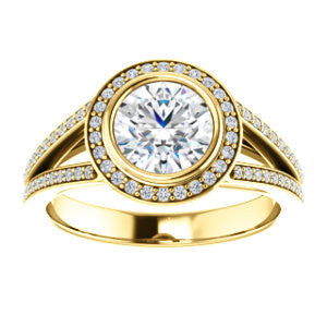 Cubic Zirconia Engagement Ring- The Kay Adaira (Customizable Bezel-set Round Cut with Halo and Split-Pavé Band)