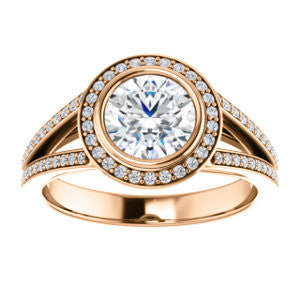 Cubic Zirconia Engagement Ring- The Kay Adaira (Customizable Bezel-set Round Cut with Halo and Split-Pavé Band)