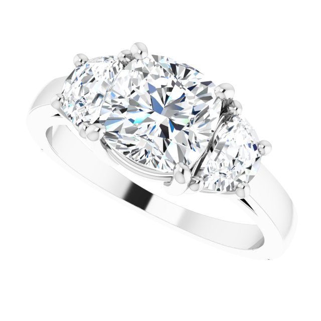 Cubic Zirconia Engagement Ring- The Bree (Customizable 3-stone Design with Cushion Cut Center and Half-moon Side Stones)