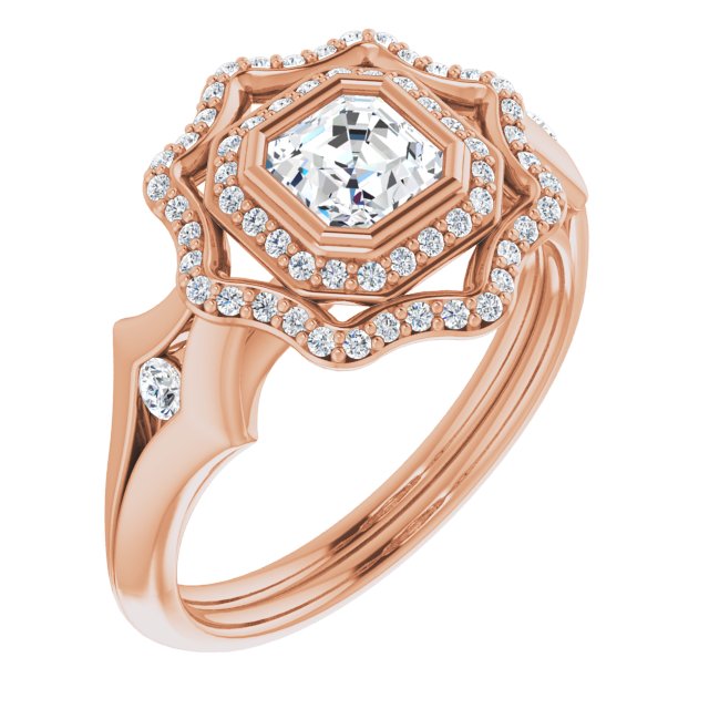 10K Rose Gold Customizable Cathedral-bezel Asscher Cut Design with Floral Double Halo and Channel-Accented Split Band