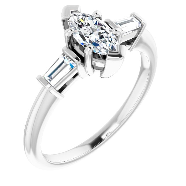10K White Gold Customizable 3-stone Marquise Cut Design with Dual Baguette Accents)