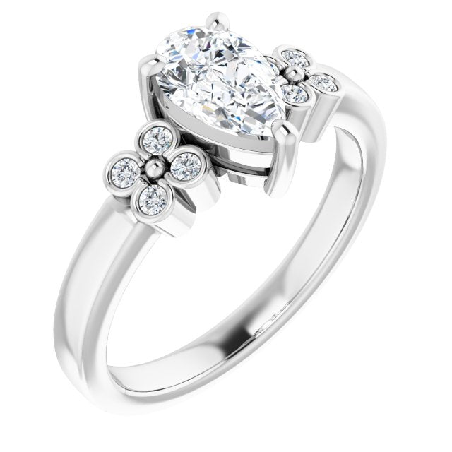 10K White Gold Customizable 9-stone Design with Pear Cut Center and Complementary Quad Bezel-Accent Sets