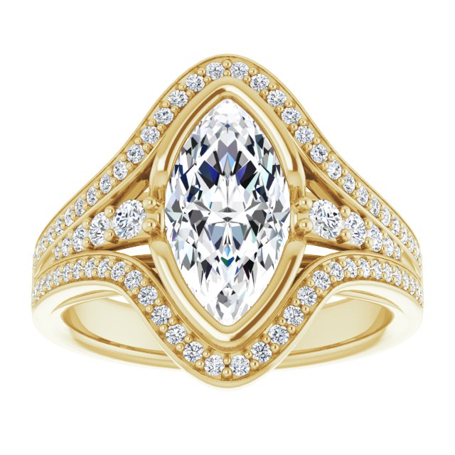 Cubic Zirconia Engagement Ring- The Paola (Customizable Cathedral-Bezel Marquise Cut Design with Wide Triple-Split-Pavé Band)