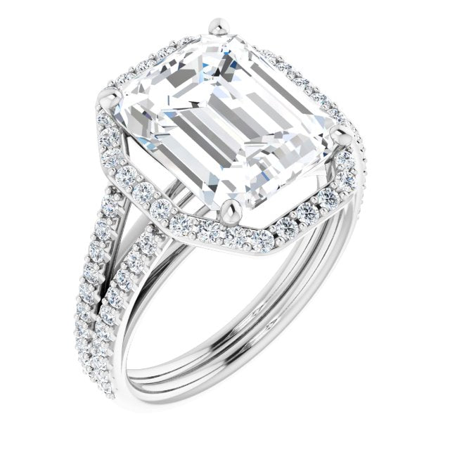 10K White Gold Customizable Cathedral Emerald/Radiant Cut Design with Geometric Halo & Split Pavé Band