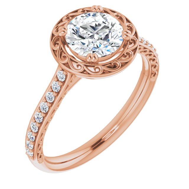 10K Rose Gold Customizable Round Cut Halo Design with Filigree and Accented Band
