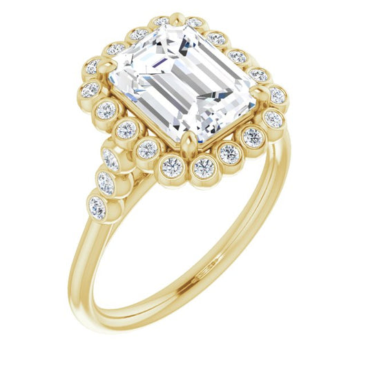 10K Yellow Gold Customizable Emerald/Radiant Cut Cathedral-Style Clustered Halo Design with Round Bezel Accents