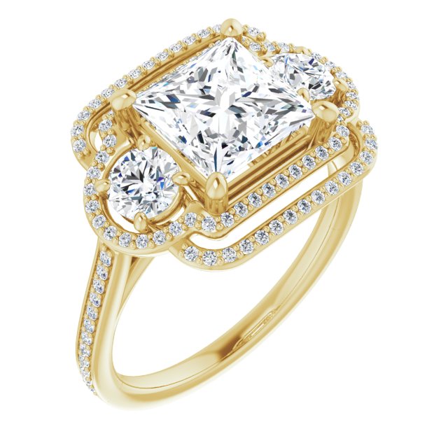 10K Yellow Gold Customizable Enhanced 3-stone Double-Halo Style with Princess/Square Cut Center and Thin Band