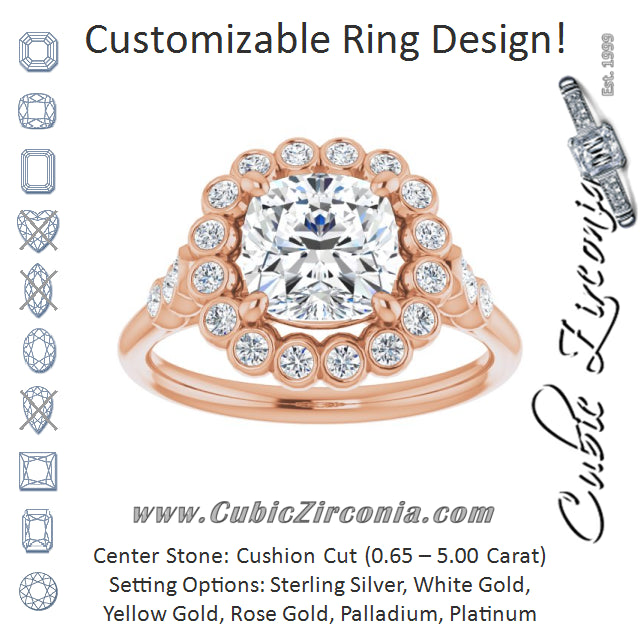 Cubic Zirconia Engagement Ring- The Chandni (Customizable Cushion Cut Cathedral-Style Clustered Halo Design with Round Bezel Accents)