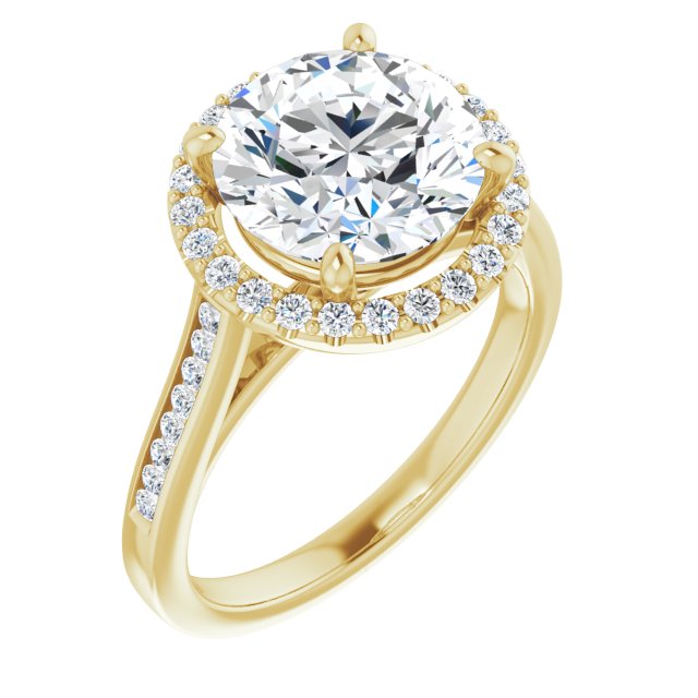 10K Yellow Gold Customizable Round Cut Design with Halo, Round Channel Band and Floating Peekaboo Accents