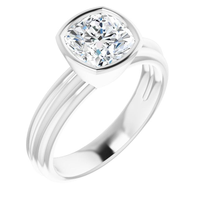 Cubic Zirconia Engagement Ring- The Aretha (Customizable Bezel-set Cushion Cut Solitaire with Grooved Band)