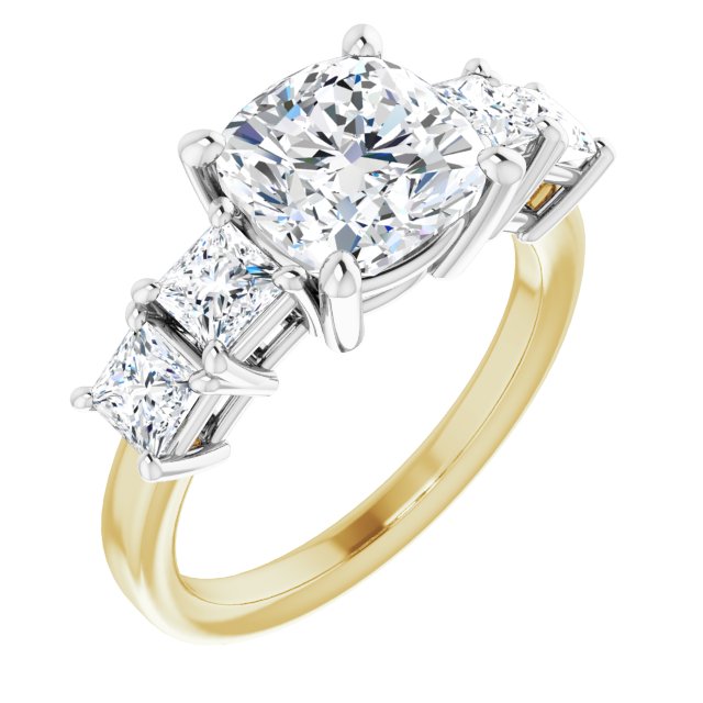 14K Yellow & White Gold Customizable 5-stone Cushion Cut Style with Quad Princess-Cut Accents