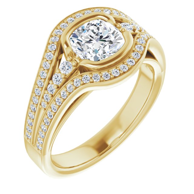 10K Yellow Gold Customizable Cathedral-Bezel Cushion Cut Design with Wide Triple-Split-Pavé Band