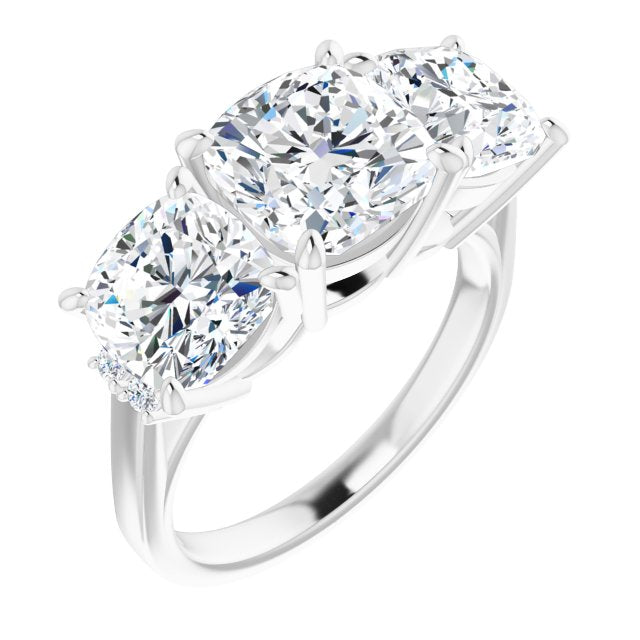 10K White Gold Customizable Triple Cushion Cut Design with Quad Vertical-Oriented Round Accents