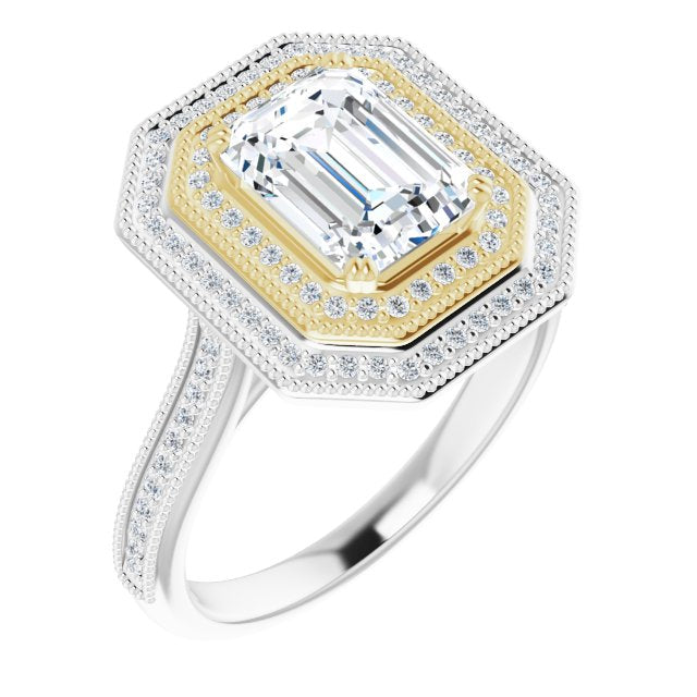 14K White & Yellow Gold Customizable Emerald/Radiant Cut Design with Elegant Double Halo, Houndstooth Milgrain and Band-Channel Accents