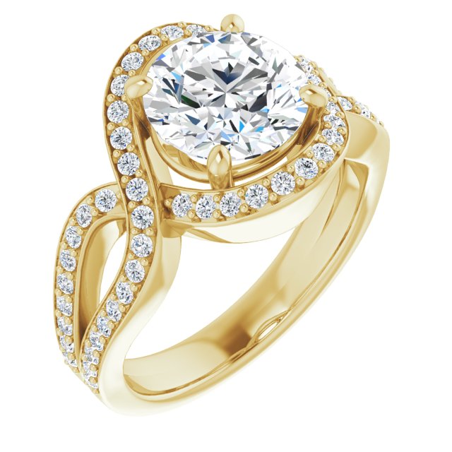 18K Yellow Gold Customizable Round Cut Center with Infinity-inspired Split Shared Prong Band and Bypass Halo