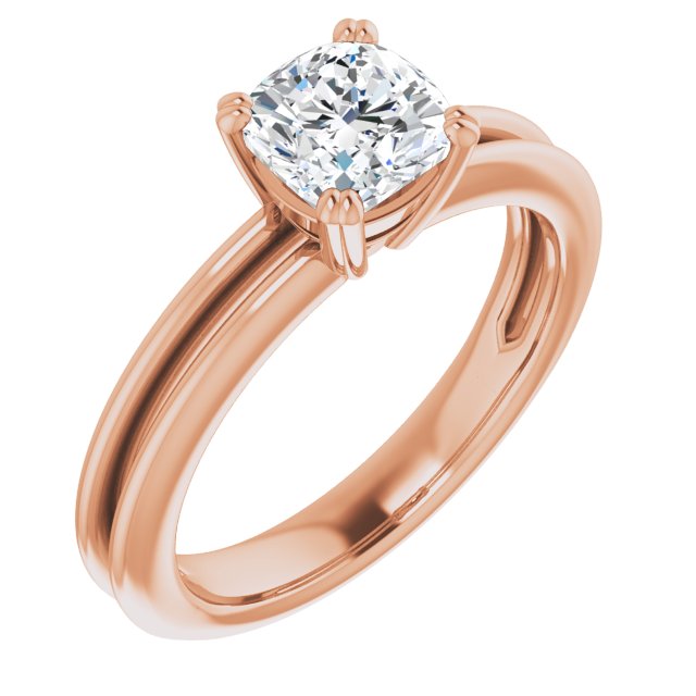 10K Rose Gold Customizable Cushion Cut Solitaire with Grooved Band