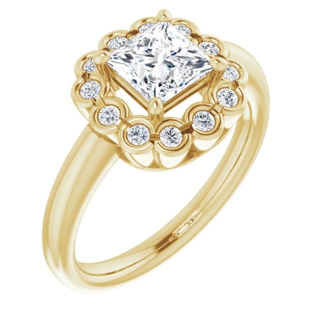 10K Yellow Gold Customizable 13-stone Princess/Square Cut Design with Floral-Halo Round Bezel Accents