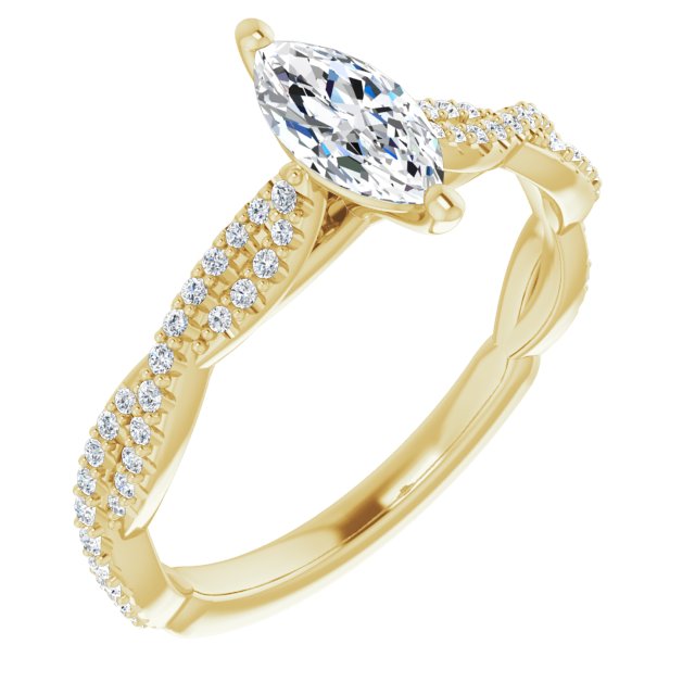 10K Yellow Gold Customizable Marquise Cut Style with Thin and Twisted Micropavé Band