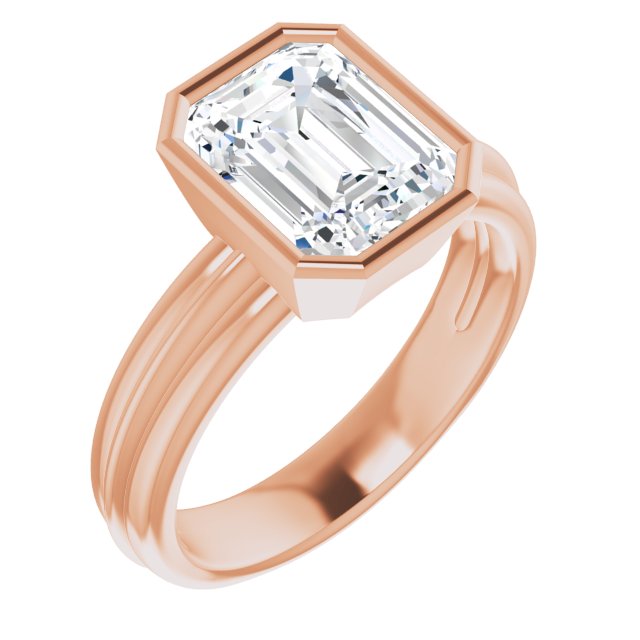 10K Rose Gold Customizable Bezel-set Emerald/Radiant Cut Solitaire with Grooved Band