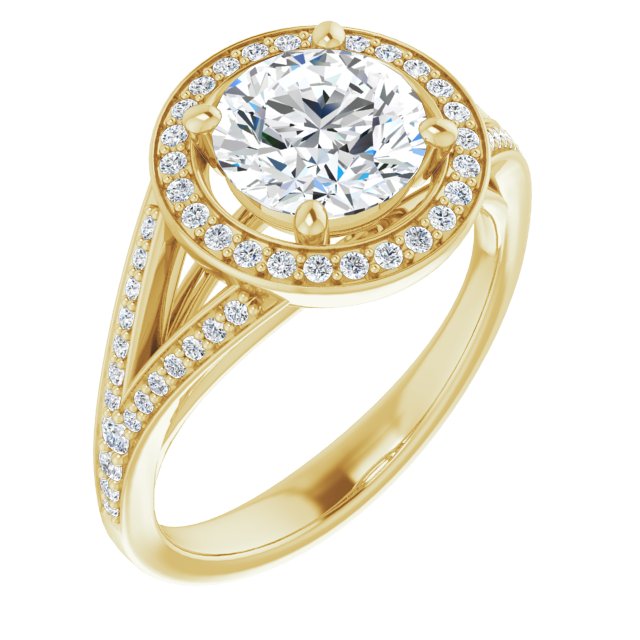 10K Yellow Gold Customizable Cathedral-Halo Round Cut Style featuring Split-Shared Prong Band