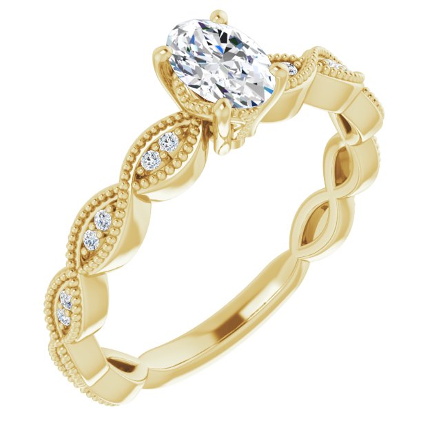 10K Yellow Gold Customizable Oval Cut Artisan Design with Scalloped, Round-Accented Band and Milgrain Detail