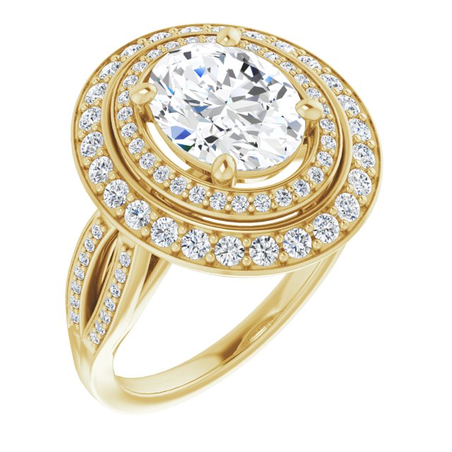 10K Yellow Gold Customizable Cathedral-style Oval Cut Design with Double Halo & Split-Pavé Band