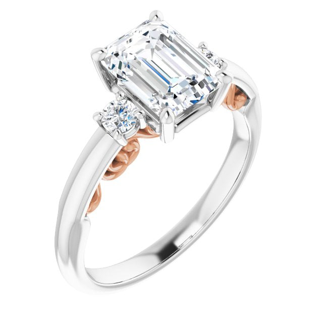 14K White & Rose Gold Customizable Emerald/Radiant Cut 3-stone Style featuring Heart-Motif Band Enhancement
