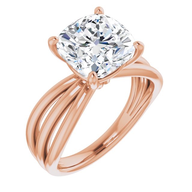 10K Rose Gold Customizable Cushion Cut Solitaire Design with Wide, Ribboned Split-band