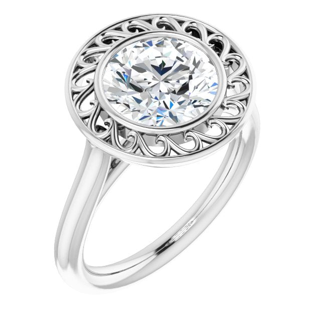 18K White Gold Customizable Cathedral-Bezel Style Round Cut Solitaire with Flowery Filigree