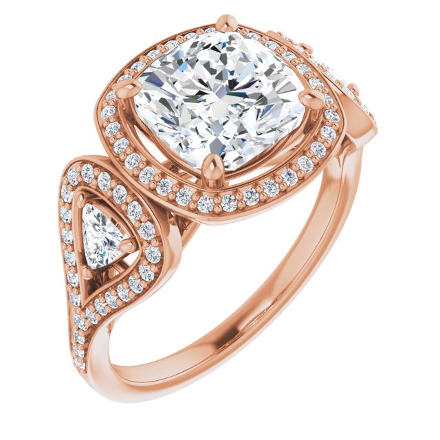 10K Rose Gold Customizable Cathedral-set Cushion Cut Design with 2 Trillion Cut Accents, Halo and Split-Shared Prong Band