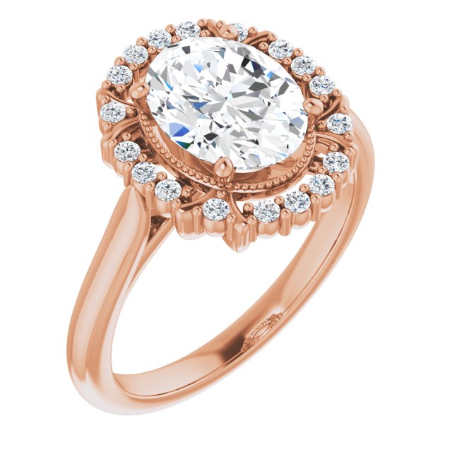 10K Rose Gold Customizable Oval Cut Design with Majestic Crown Halo and Raised Illusion Setting
