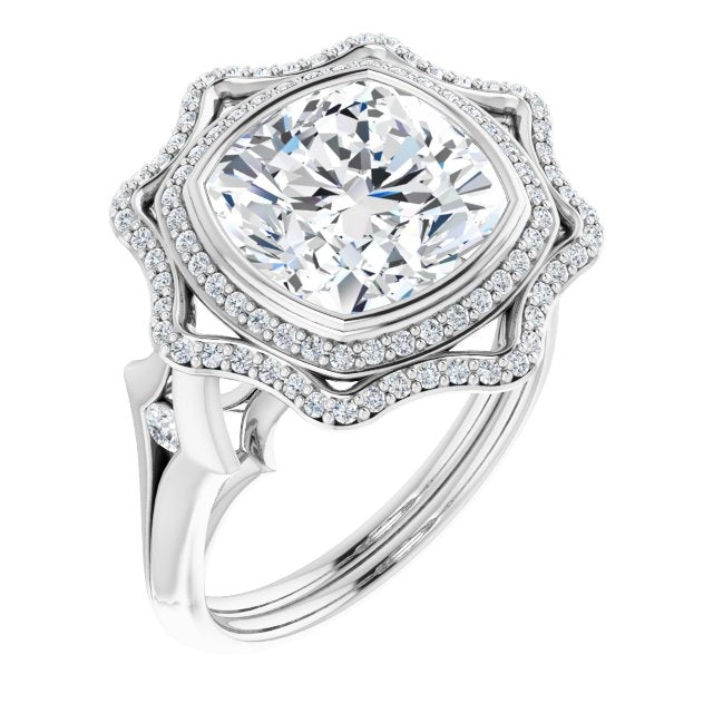 10K White Gold Customizable Cathedral-bezel Cushion Cut Design with Floral Double Halo and Channel-Accented Split Band