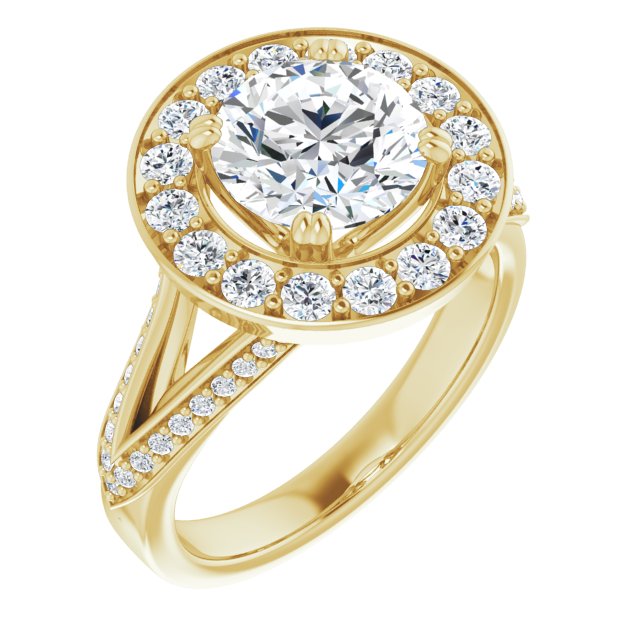14K Yellow Gold Customizable Round Cut Center with Large-Accented Halo and Split Shared Prong Band